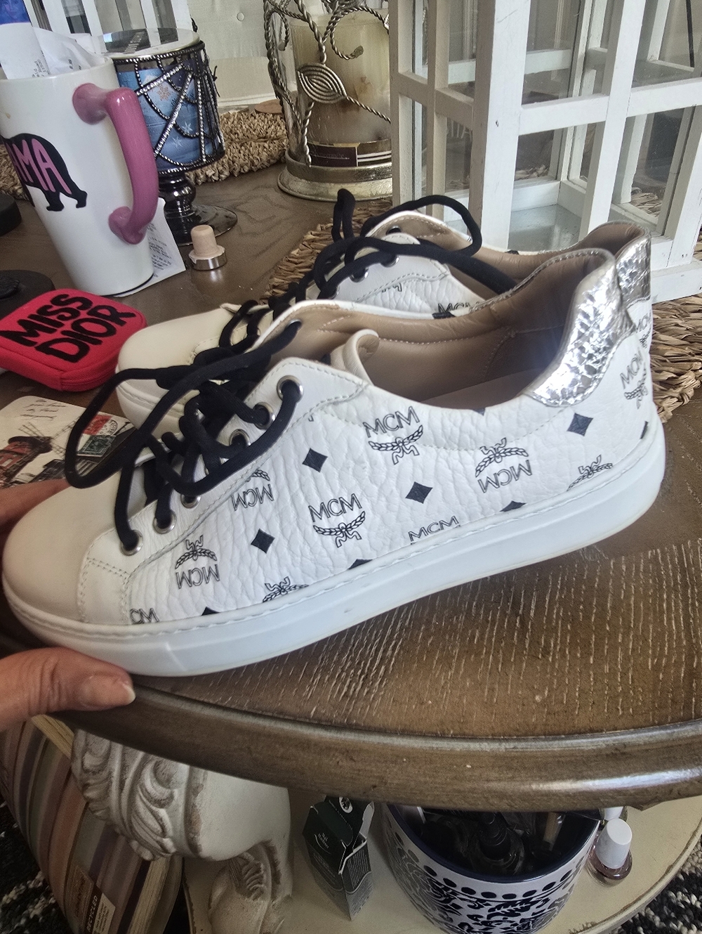MCM White Logo Low-Top Sneakers with Black Laces